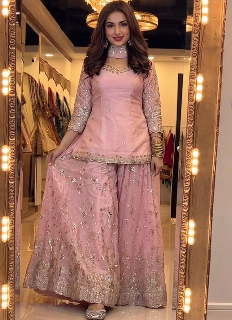 Peach Fandy Silk Embroidered Sharara Suit After Six Wear