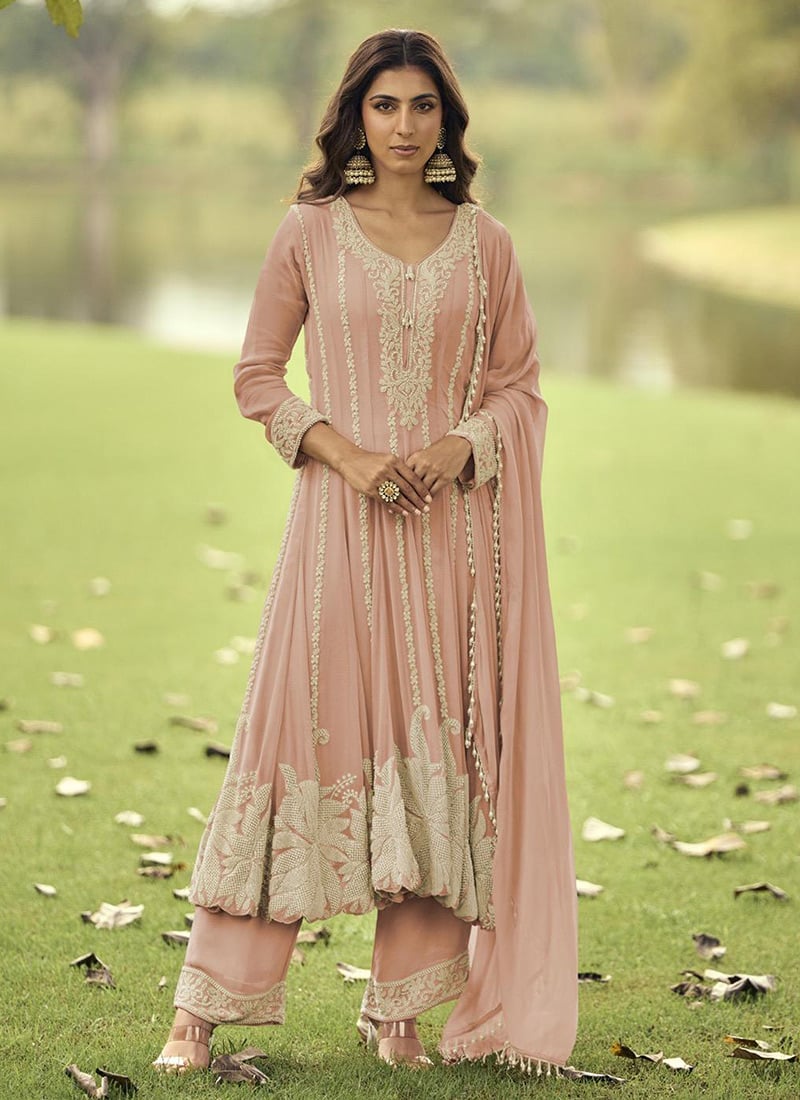 Peach Faux Georgette Beads Embroidered A Line Anarkali Suit Festive Wear