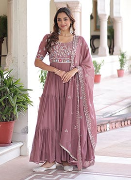 Peach Faux Georgette Beads Sequins Embroidered Anarkali Suit