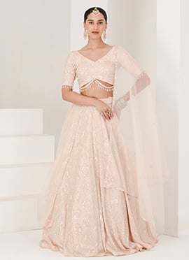 Peach Faux Georgette Chikankari Sequins Work Lehenga