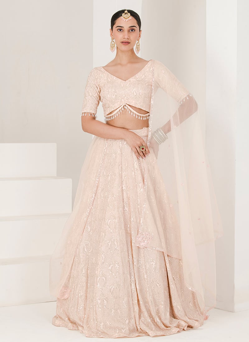 Peach Faux Georgette Chikankari Sequins Work Lehenga Wedding Wear