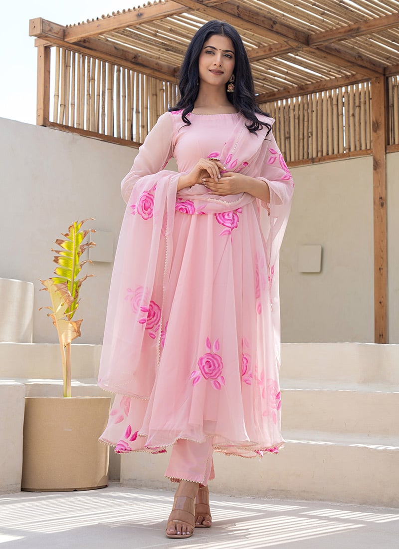 Peach Faux Georgette Digital Print Anarkali Suit After Six Wear