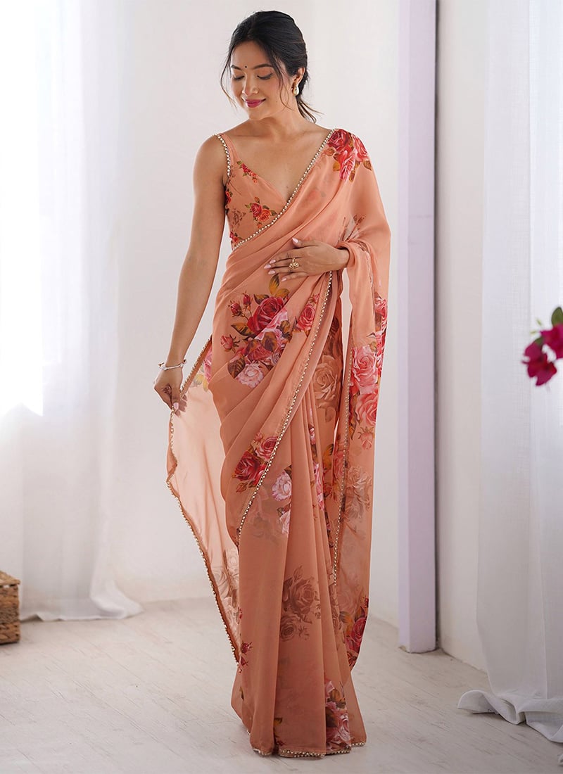 Peach Faux Georgette Digital Print Saree After Six Wear