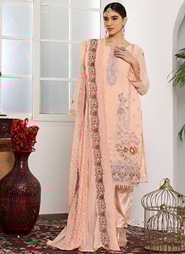 Peach Faux Georgette Embroidered Pakistani Suit