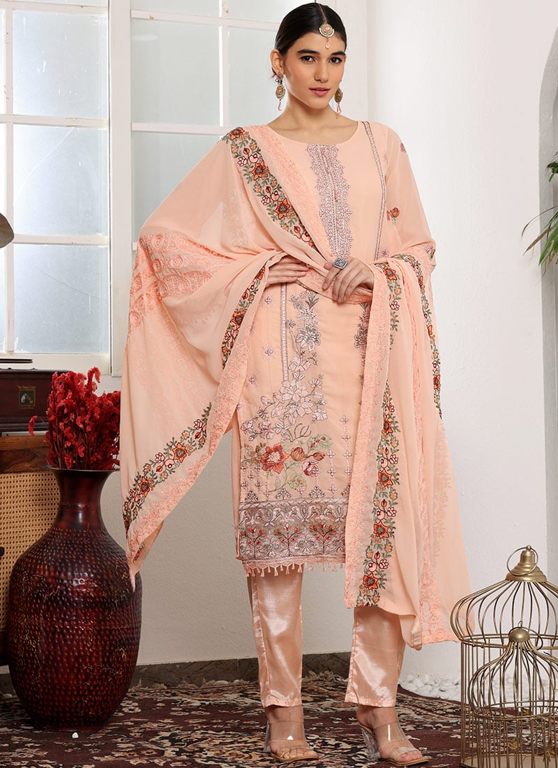 Peach Faux Georgette Embroidered Pakistani Suit Party Wear