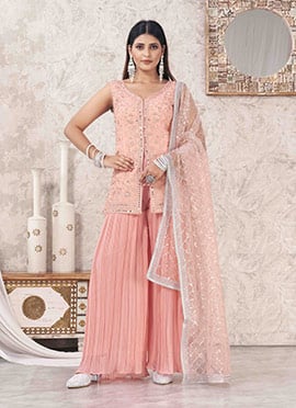 Peach Faux Georgette Embroidered Sequins Sharara Suit With Criss Cross Dupatta