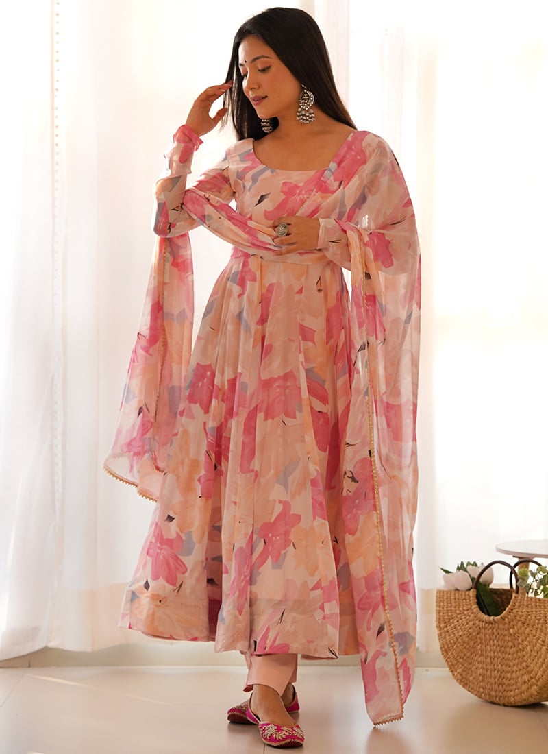 Peach Faux Georgette Floral Digital Print Anarkali Suit After Six Wear