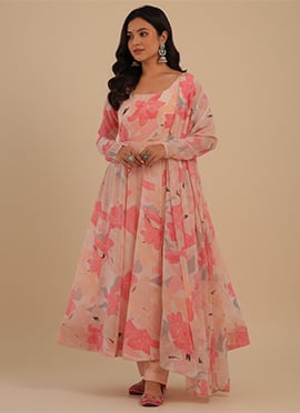 Peach Faux Georgette Printed Anarkali Suit
