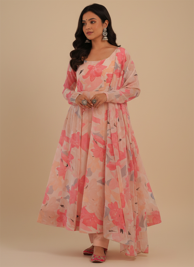 Peach Faux Georgette Printed Anarkali Suit After Six Wear