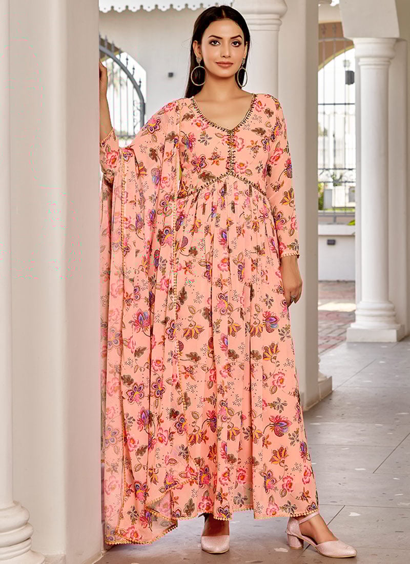 Peach Faux Georgette Printed Diwali Anarkali Gown After Six Wear-BGWRSPRT22242