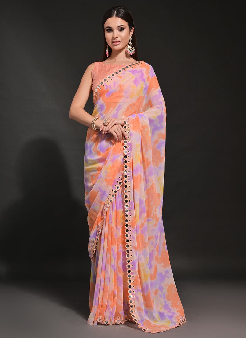 Peach Faux Georgette Printed Saree After Six Wear