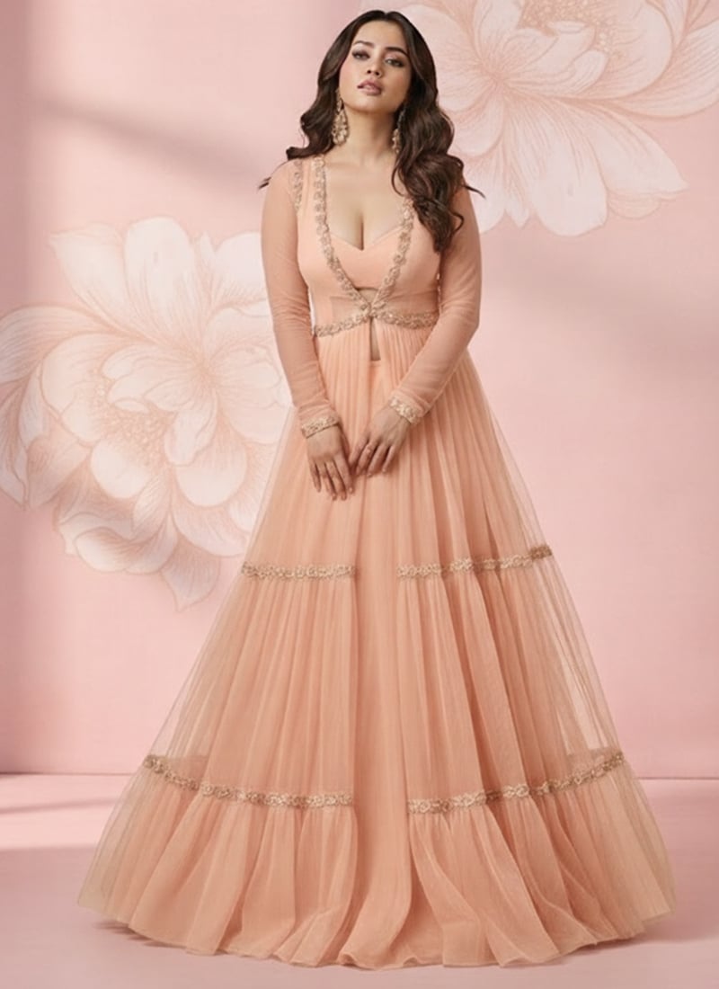 Peach Faux Georgette Ready Lace Work Indowestern Set After Six Wear