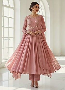 Peach Faux Georgette Resham Anarkali Suit
