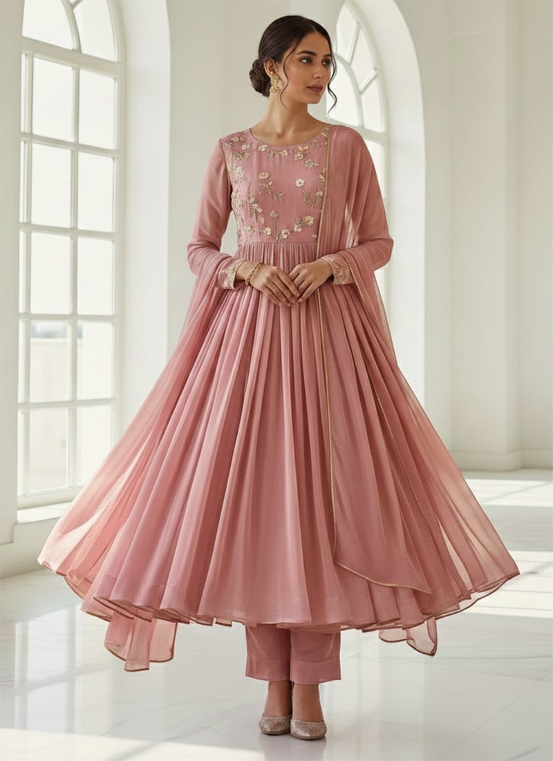 Peach Faux Georgette Resham Anarkali Suit Festive Wear