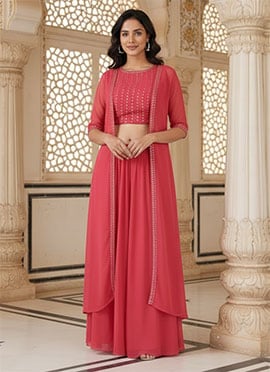 Peach Faux Georgette Resham Foil Work Indowestern Set