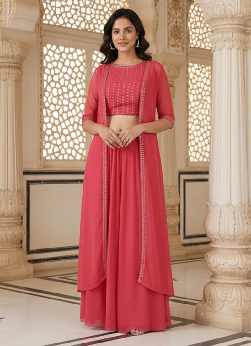 Peach Faux Georgette Resham Foil Work Indowestern Set After Six Wear