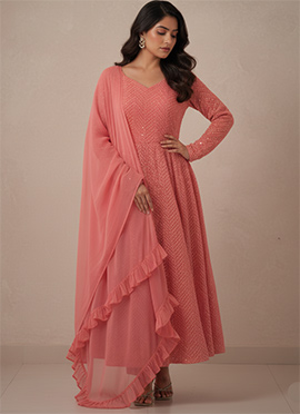 Peach Faux Georgette Sequins Anarkali Suit