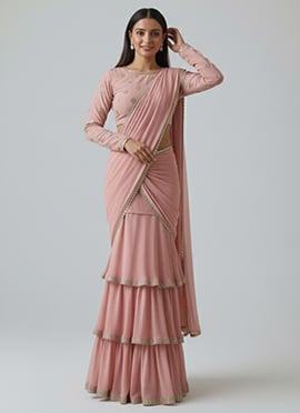 Peach Faux Georgette Sequins Embroidered Lehenga Saree