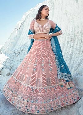 Peach Faux Georgette Sequins Umbrella Lehenga