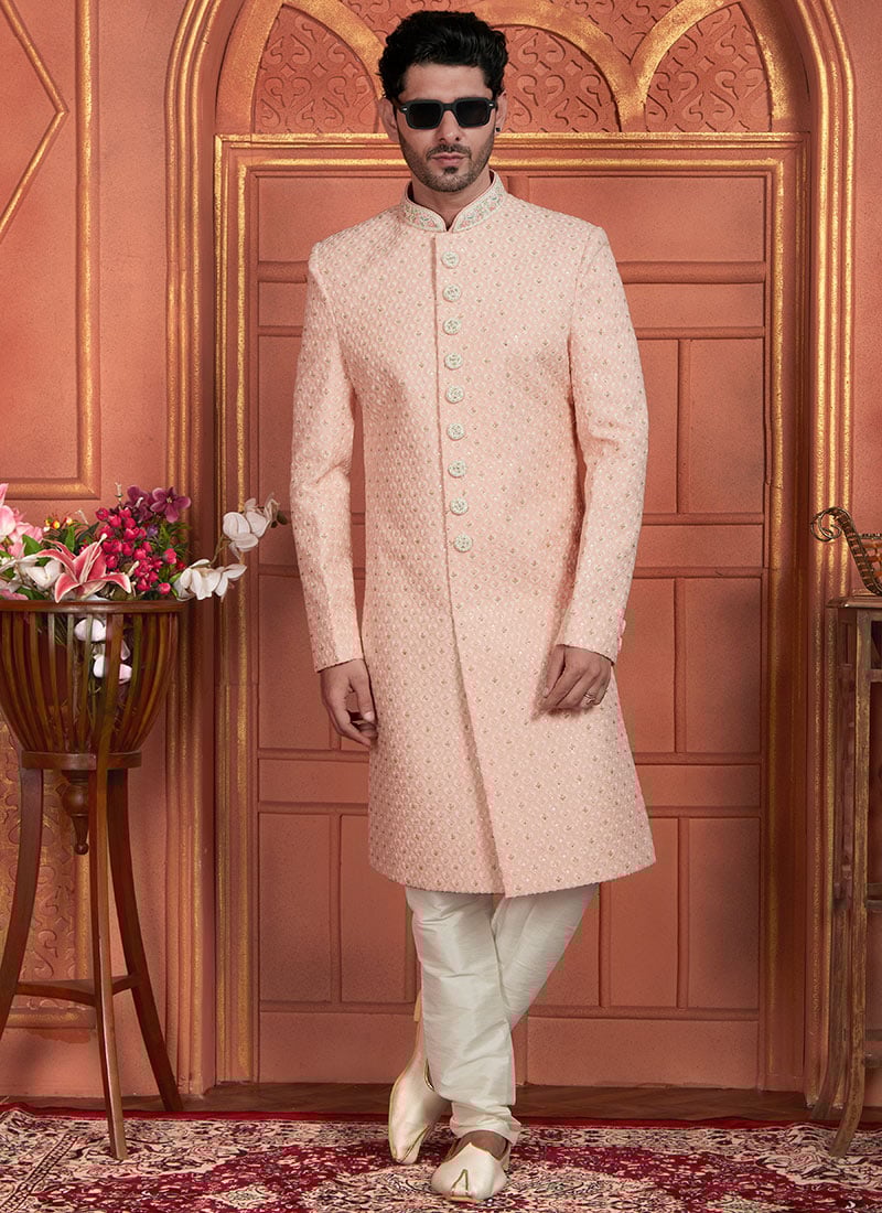 Peach Faux Georgette Thread Hand Work Classic Sherwani For Men