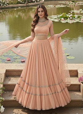 Peach Faux Georgette Zari Hand Embroidered Sequins With Stone Work Lehenga