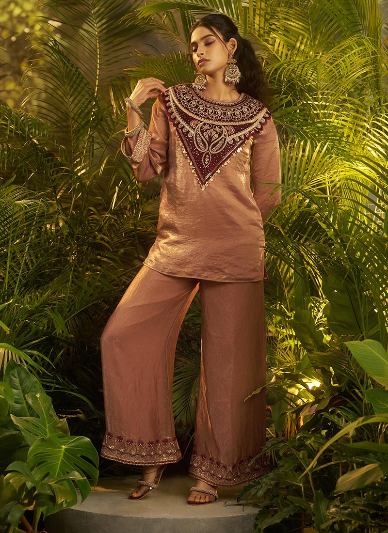 Peach Fendy Silk Patch Work Sequins Embroidered Indowestern Set Festive Wear
