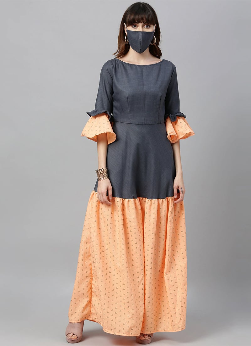 Peach Foil Print Ankle Length Dress Party Wear