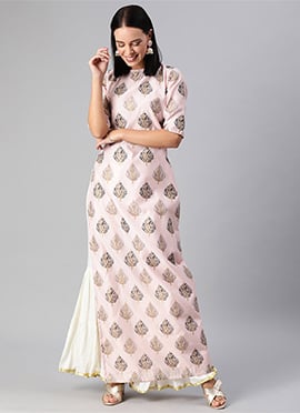 Peach Foil Printed Cotton One Side Slit Kurti