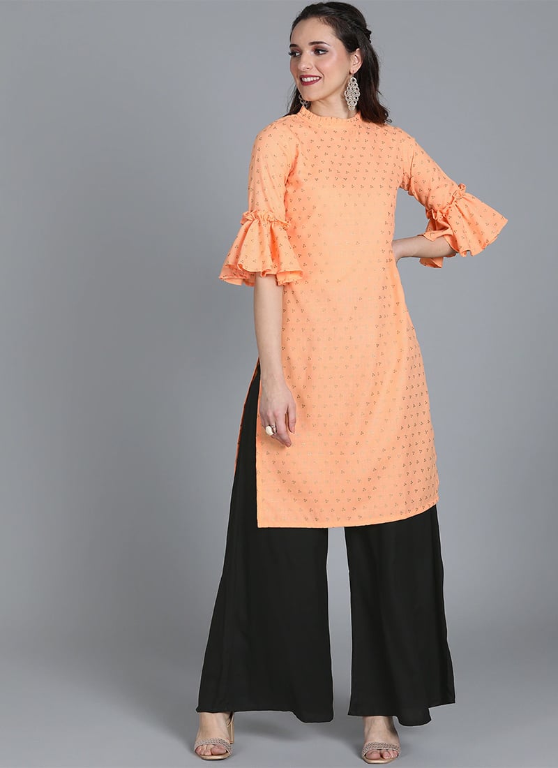 Peach Foil Printed Pleat Style Kurta Set After Six Wear