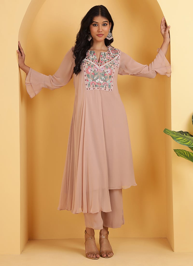 Peach Georgette Beaded Hand Embroidered Straight Pant Suit Festive Wear