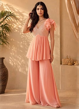 Peach Georgette Beads Cutdana Hand Embroidery Peplum Kurta Palazzo Set