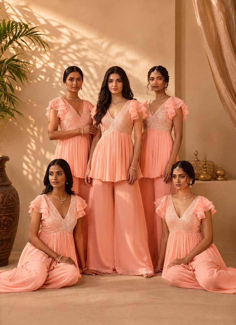 Peach Georgette Beads Cutdana Hand Embroidery Peplum Kurta Palazzo Set After Six Wear