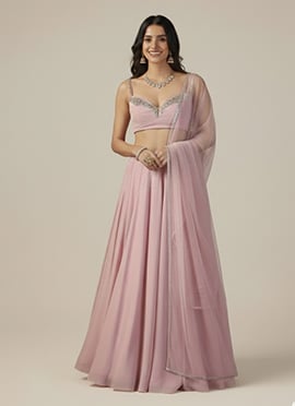 Peach Georgette Beads Sequins Hand Embroidered Umbrella Lehenga