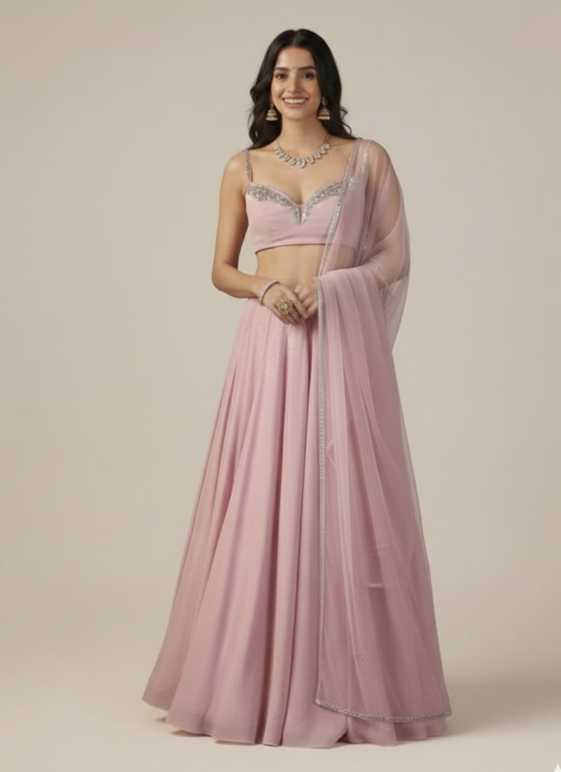 Peach Georgette Beads Sequins Hand Embroidered Umbrella Lehenga Wedding Wear