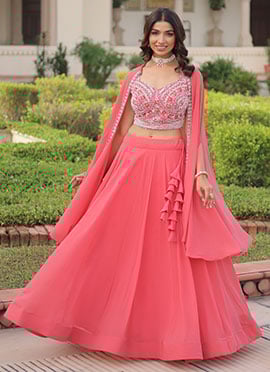 Peach Georgette Embellished Indowestern Jacket Skirt Set