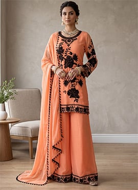 Peach Georgette Embroidered Cut Work Palazzo Suit