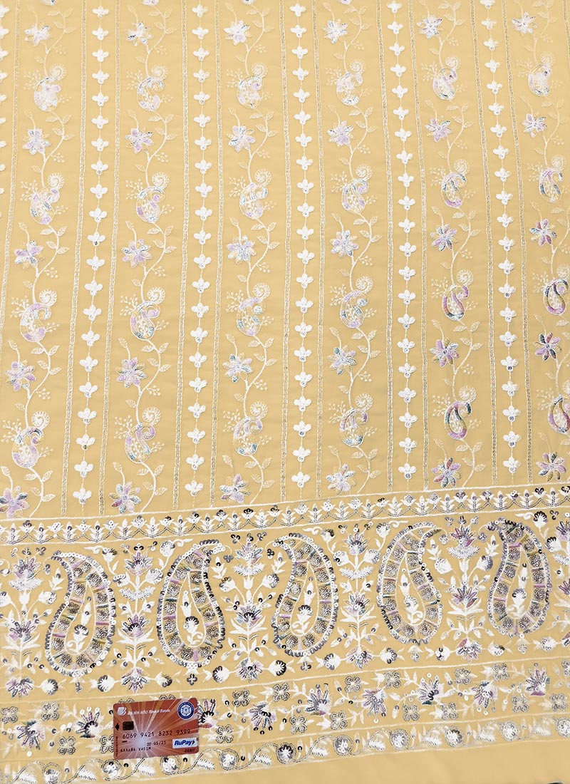 Yellow Georgette Embroidered Fabric