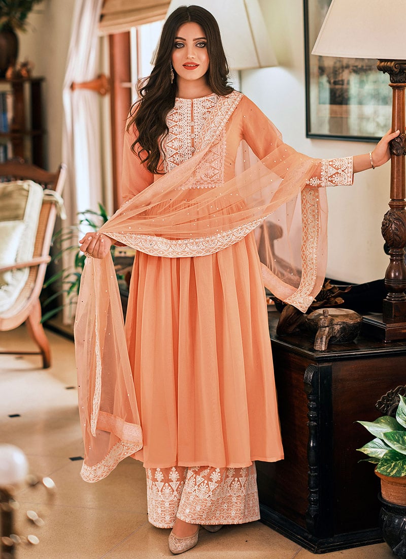 Peach Georgette Embroidered N Sequins Palazzo suit Party Wear