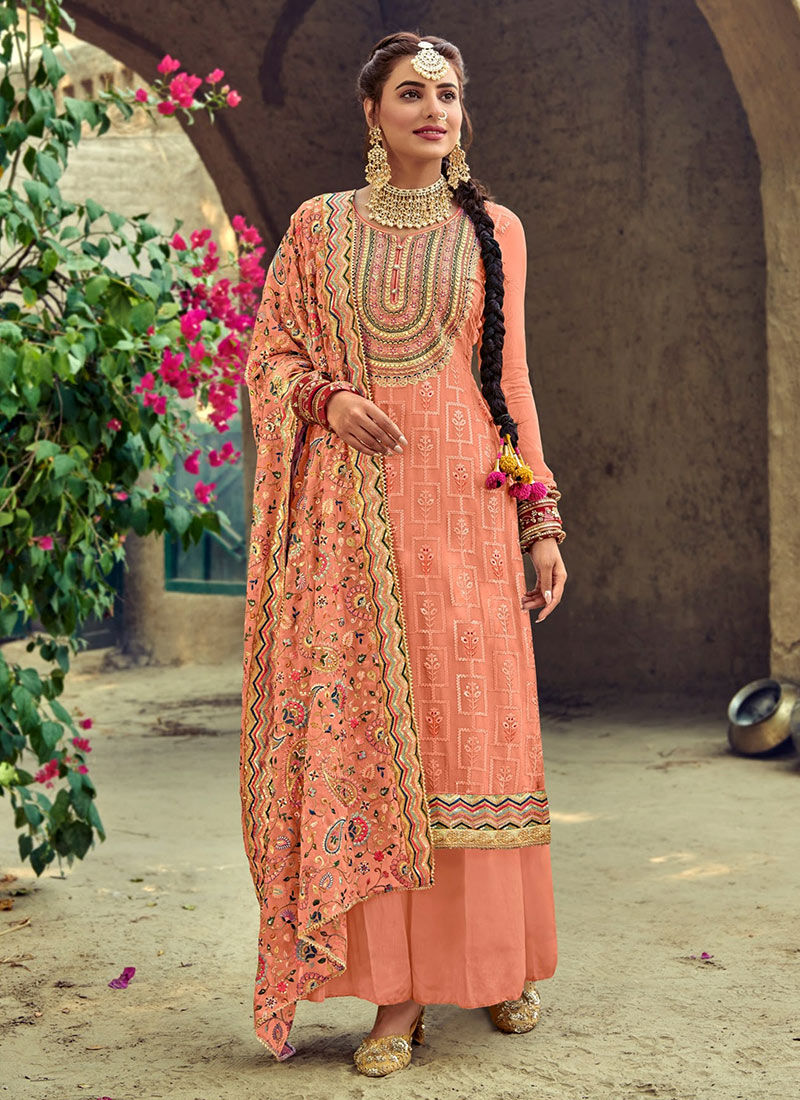 Peach Georgette Embroidered Palazzo suit Party Wear