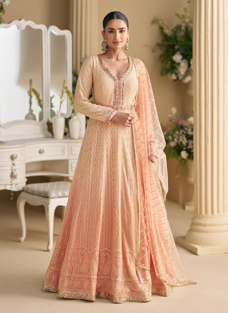 Peach Georgette Embroidered Sequins Chikankari Anarkali Suit Festive Wear