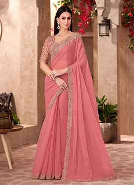Peach Georgette Embroidered Sequins Cut Work Saree