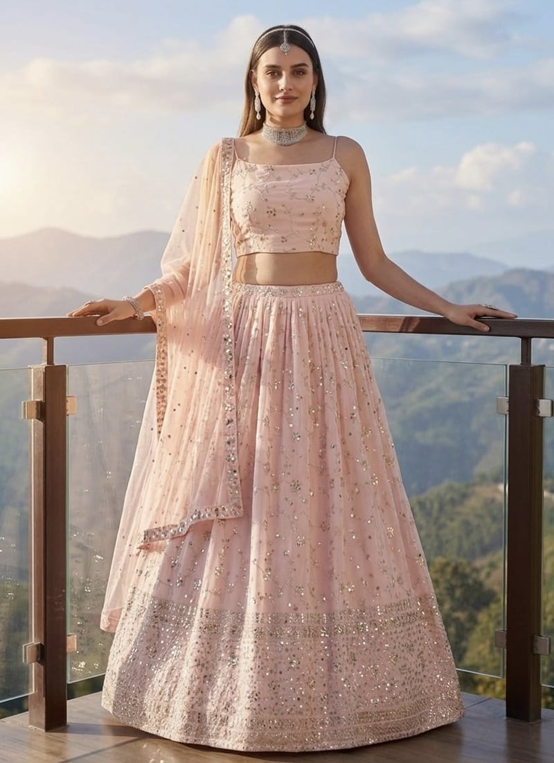 Peach Georgette Embroidered Sequins Lehenga Festive Wear