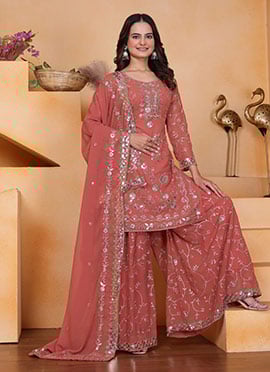 Peach Georgette Embroidered Sequins Palazzo Suit