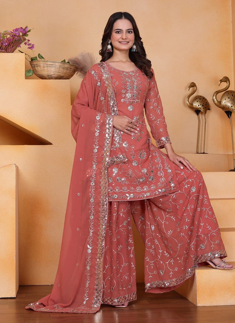 Peach Georgette Embroidered Sequins Palazzo Suit Festive Wear