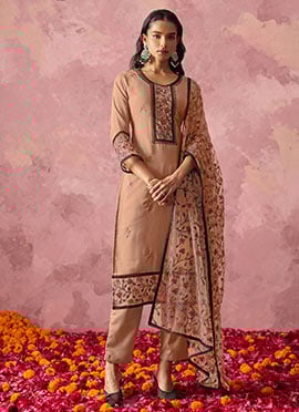 Peach Georgette Embroidered Sequins Straight Pant Suit