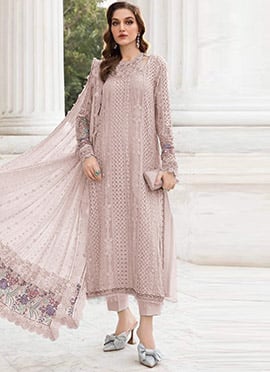 Peach Georgette Embroidered Sequins Straight Pant Suit