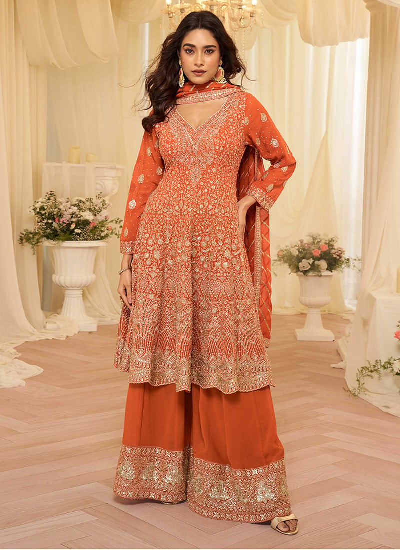 Peach Georgette Embroidered Sequins With Beads Work Anarkali Suit Festive Wear