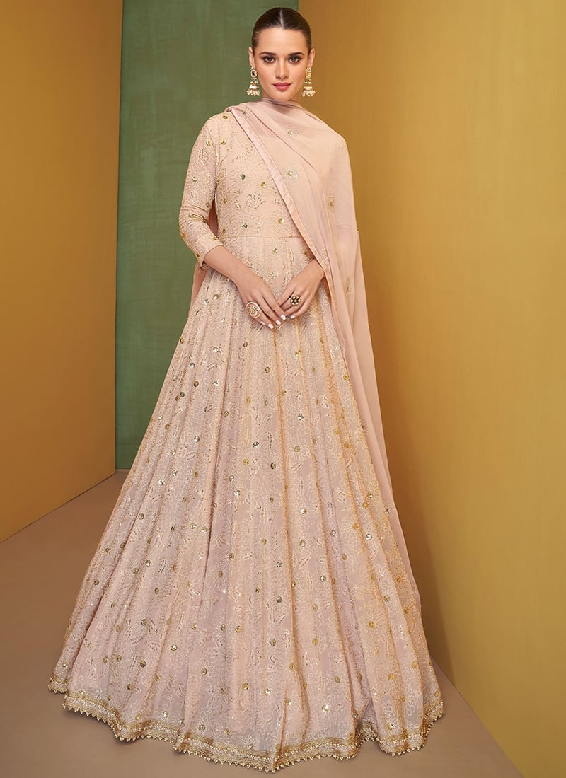 Peach Georgette Embroidery Anarkali Suit