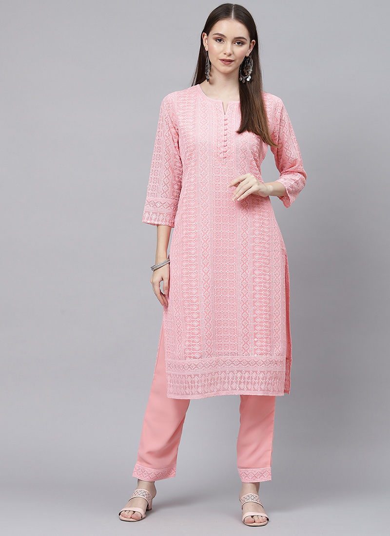 Buy Peach Embroidery Kurta Straight Pant Set Work Wear, Embroidered , Chikankari