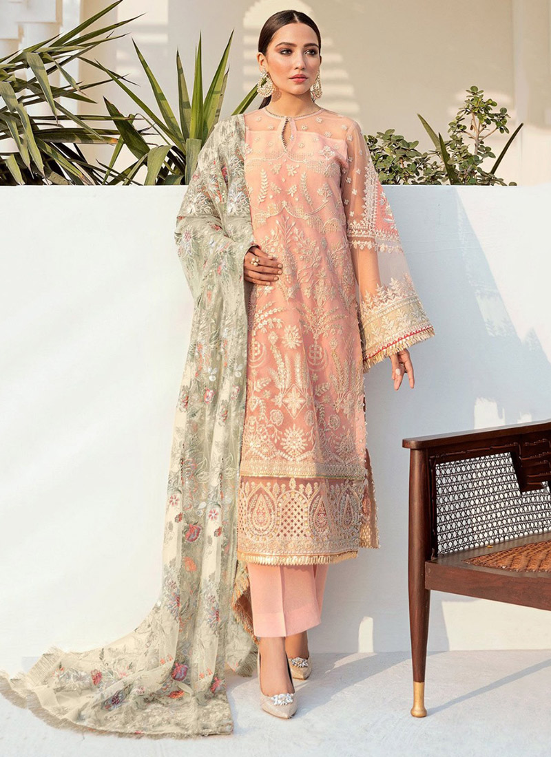 Peach Georgette Embroidery Straight Pant Suit Party Wear